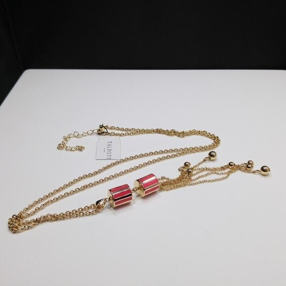 Talbots Gold Tassel Long Necklace, Red Enamel Beads, New With Tags - Picture 3 of 8